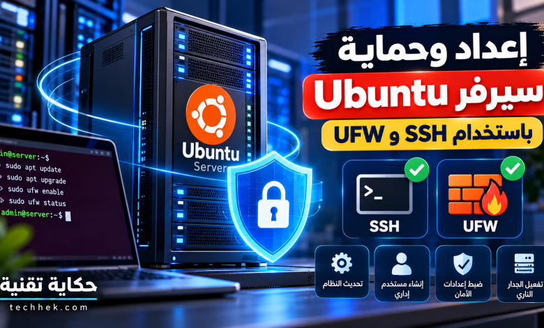 إعداد وحماية سيرفر Ubuntu باستخدام SSH وUFW مع توضيح تحديث النظام وإنشاء مستخدم إداري وتأمين الاتصال وتفعيل الجدار الناري.
