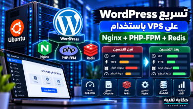 تسريع WordPress على VPS باستخدام Nginx وPHP-FPM وRedis وOPcache، مع مقارنة توضيحية لأداء الموقع قبل التحسين وبعده.