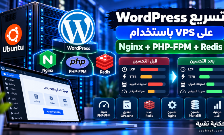 تسريع WordPress على VPS باستخدام Nginx وPHP-FPM وRedis وOPcache، مع مقارنة توضيحية لأداء الموقع قبل التحسين وبعده.