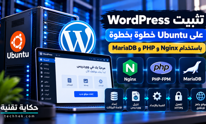 تثبيت WordPress على Ubuntu باستخدام Nginx وPHP-FPM وMariaDB، مع توضيح إعداد قاعدة البيانات وتشغيل ووردبريس وتأمين الموقع باستخدام HTTPS.