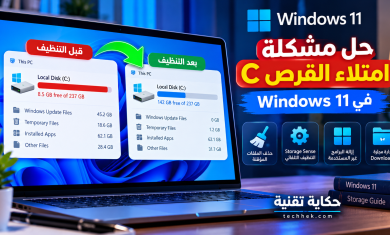 حل مشكلة امتلاء القرص C في Windows 11 وتحرير مساحة التخزين باستخدام Storage Sense وحذف الملفات المؤقتة والبرامج غير المستخدمة