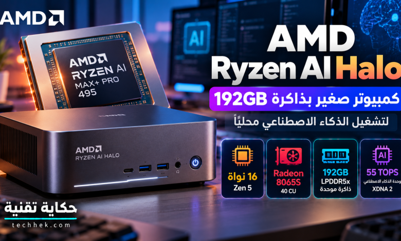 صورة توضيحية لكمبيوتر AMD Ryzen AI Halo المزود بمعالج Ryzen AI Max+ PRO 495 وذاكرة موحدة بسعة 192 جيجابايت لتشغيل الذكاء الاصطناعي محليًا.