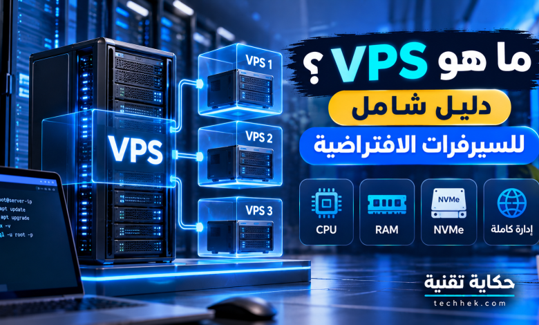ما هو VPS؟ رسم توضيحي يشرح السيرفر الافتراضي وكيفية تقسيم السيرفر الفعلي إلى عدة خوادم VPS مستقلة مع موارد CPU وRAM وNVMe
