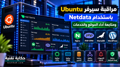 مراقبة سيرفر Ubuntu باستخدام Netdata لمتابعة استهلاك CPU وRAM والتخزين والشبكة وأداء خدمات Nginx وPHP-FPM وMariaDB.