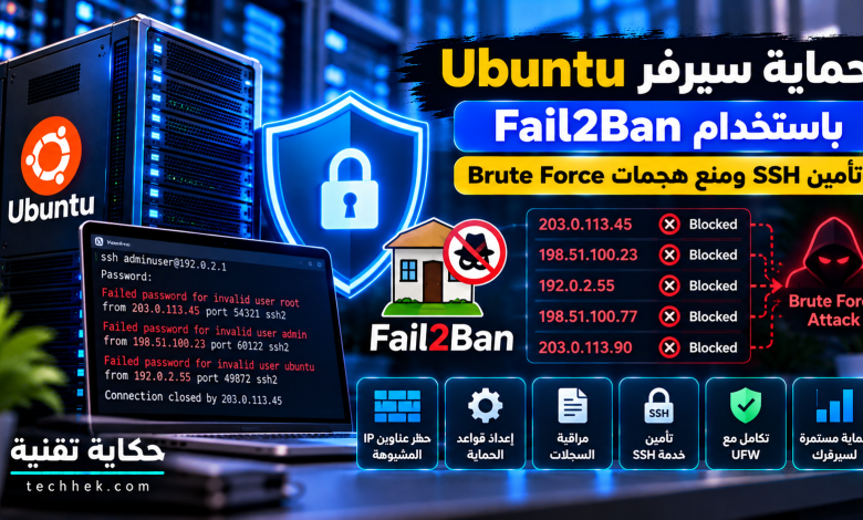 حماية سيرفر Ubuntu باستخدام Fail2Ban وتأمين SSH ضد هجمات Brute Force، مع حظر عناوين IP المشبوهة ومراقبة محاولات تسجيل الدخول.